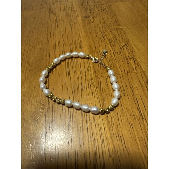 Gold Over 925 Stamped Sterling Silver Pearl Gold Beaded Bracelet Vintage - Picture 4 of 7